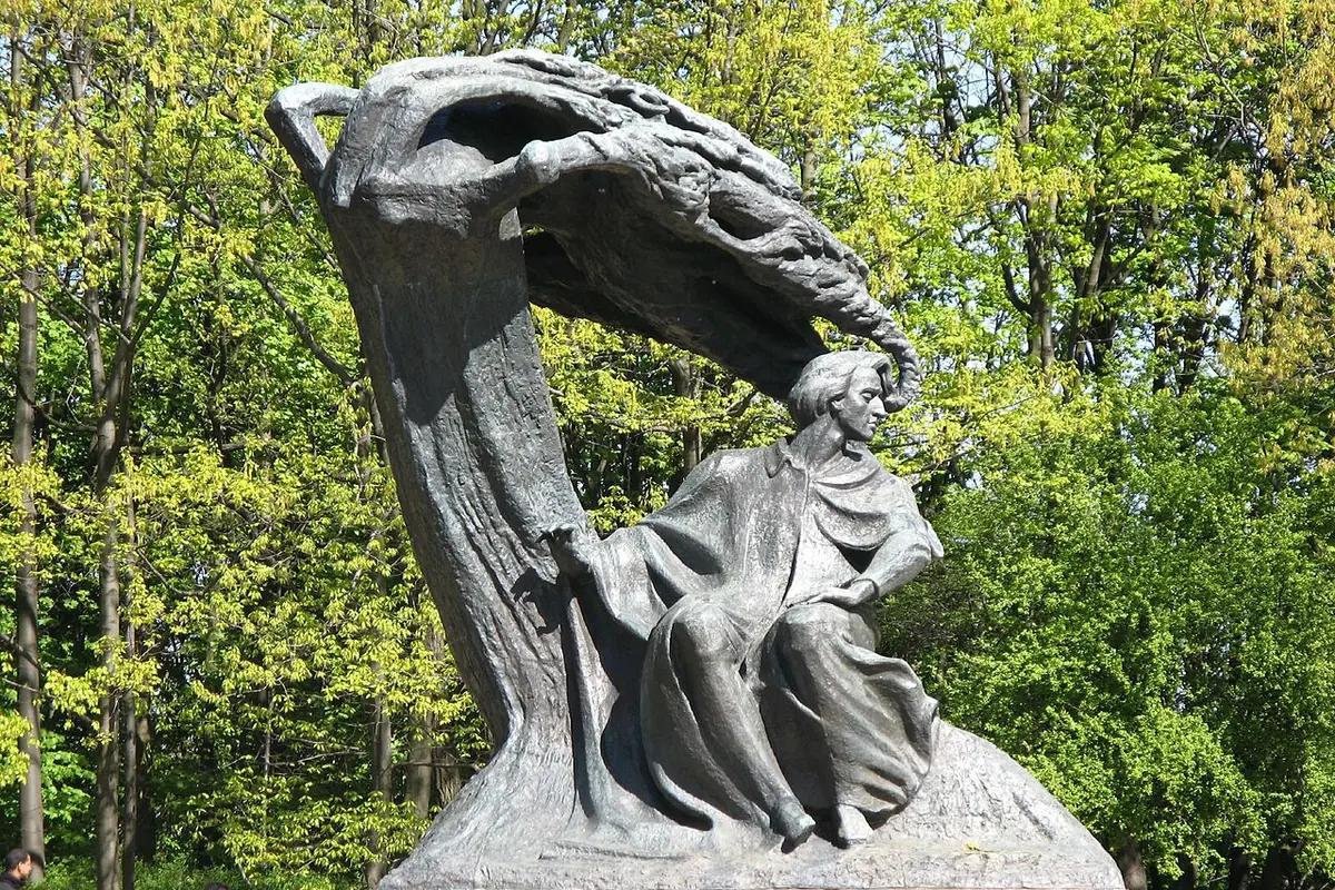 Бронзовий пам'ятник Шопену в Лазенківському парку: композитор сидить під широкою кроною, а позаду — весняна зелень дерев.